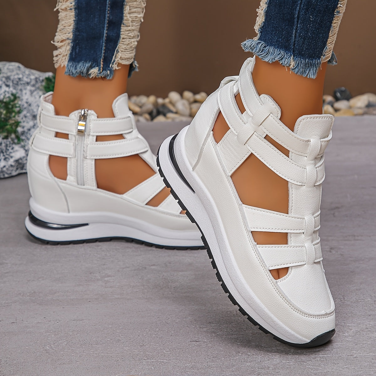 Women's White Wedge Sandals Hollow-Out Design Summer Casual Shoes