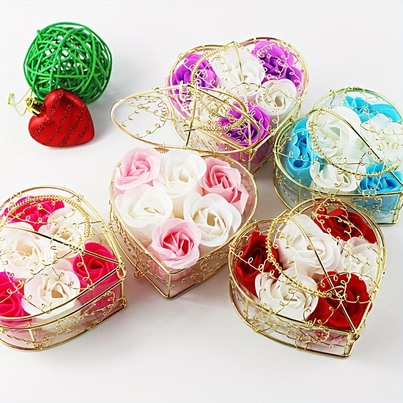 Set of 6 Scented Soap Roses in Metal Basket Gift Box for Home Decor and Gifting