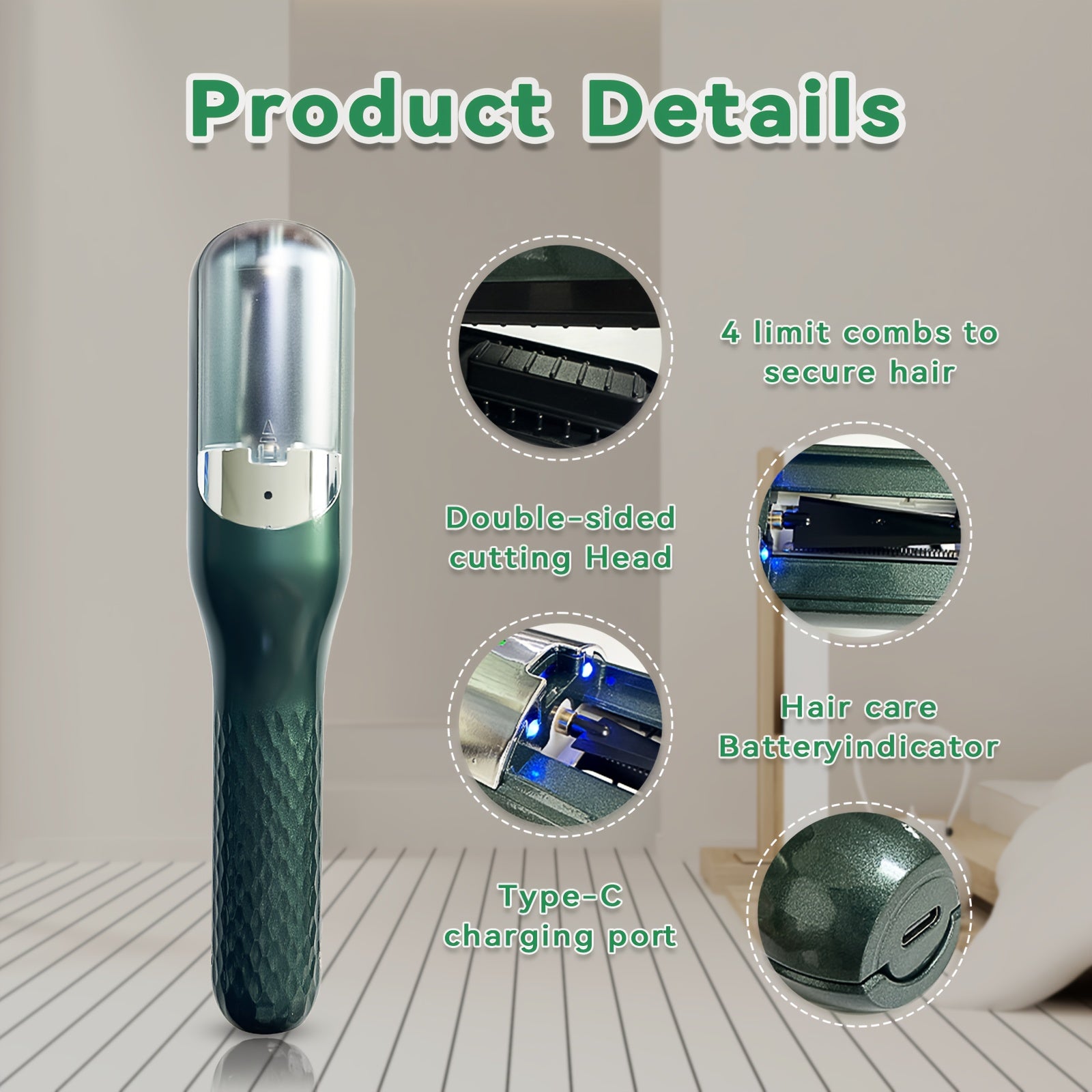 USB orqali zaryadlanadigan soch qirqish mashinasi yumshoq, sog'lom sochlar uchun - yashil, ikki pichoqli, portativ bo'lak soch va zararlangan sochlarni olib tashlovchi