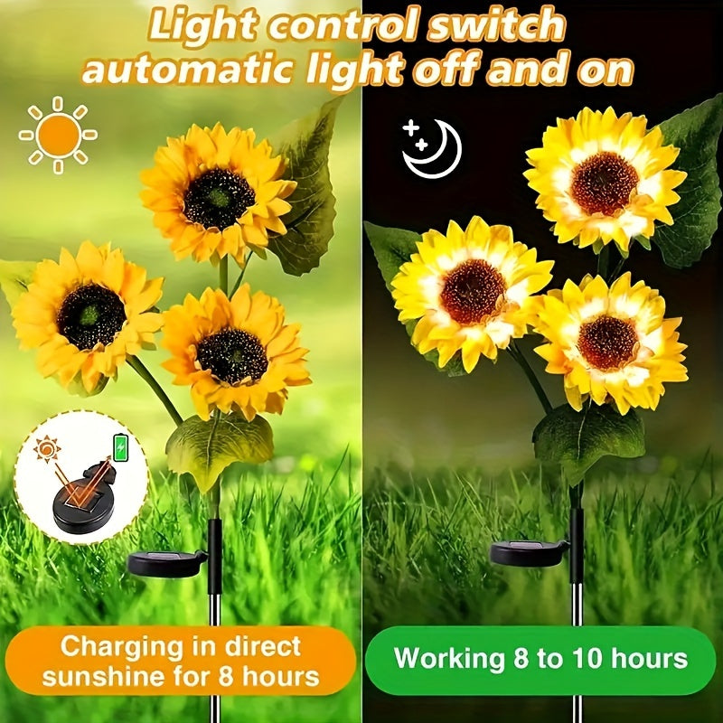 Solar Powered Garden Lights with 3 Sunflower Heads, Dimmable, IP65 Waterproof