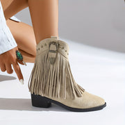 Women's Ankle Boots Leather Slip-On Pointed Toe Fringe Buckle Beige All-Season