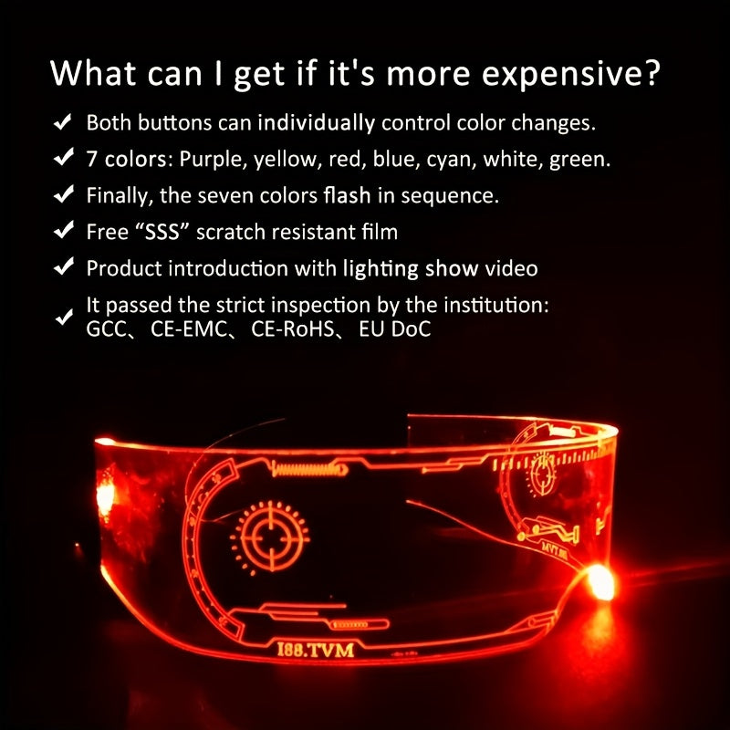 LED Light-Up Glasses for Parties and Festivals, 7-Color Cyberpunk Sci-Fi Goggles
