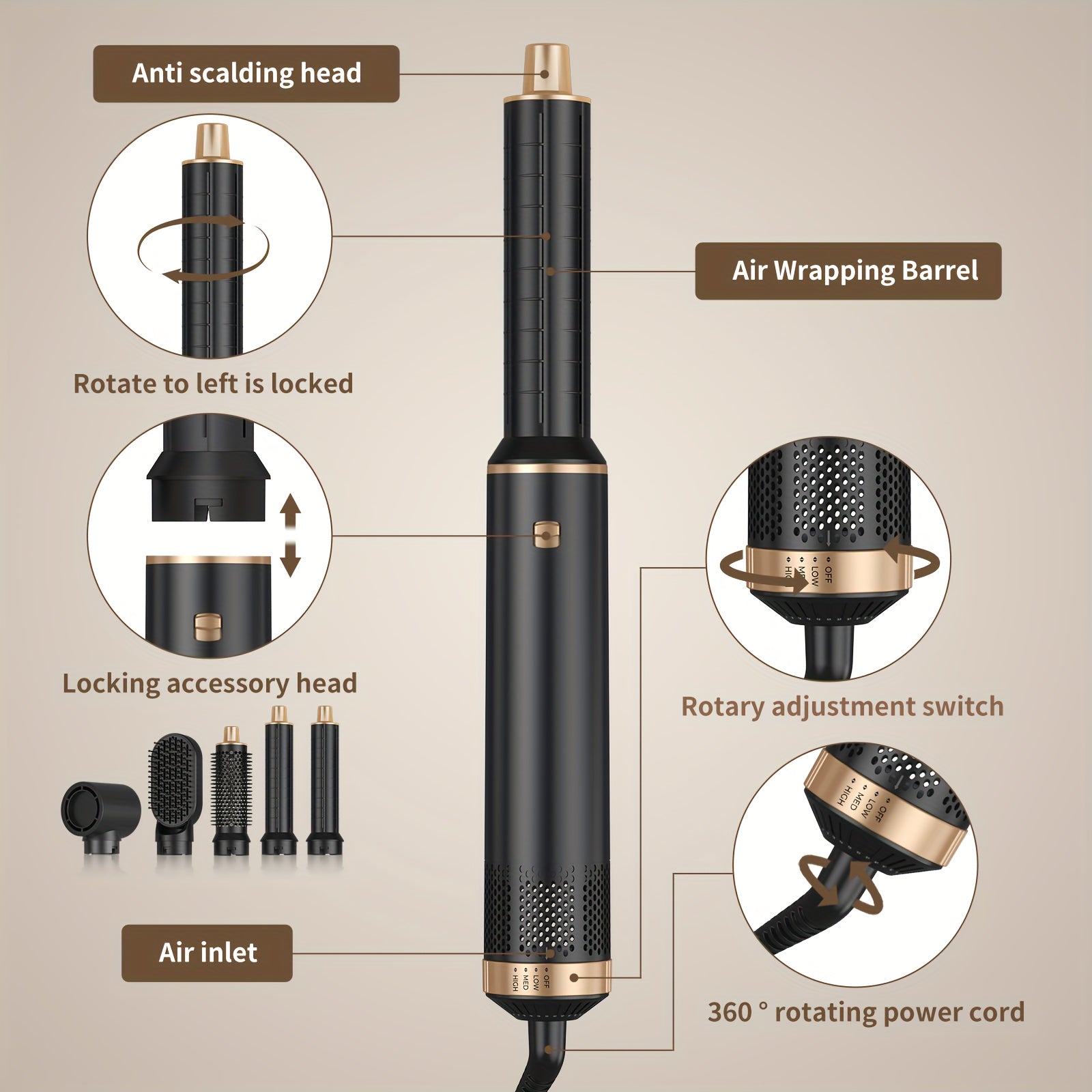 5-in-1 Hair Dryer Brush Detachable Hot Air Curler Straightener Negative Ion Styling Tool for Drying Curling Straightening 220V