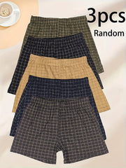 Men's Plaid Cotton Boxer Shorts 3-Pack Breathable Loose Fit Casual