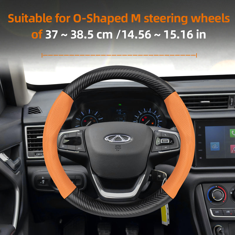 Leather Steering Wheel Cover Carbon Fiber Textured Breathable Black Burgundy Mocha Orange