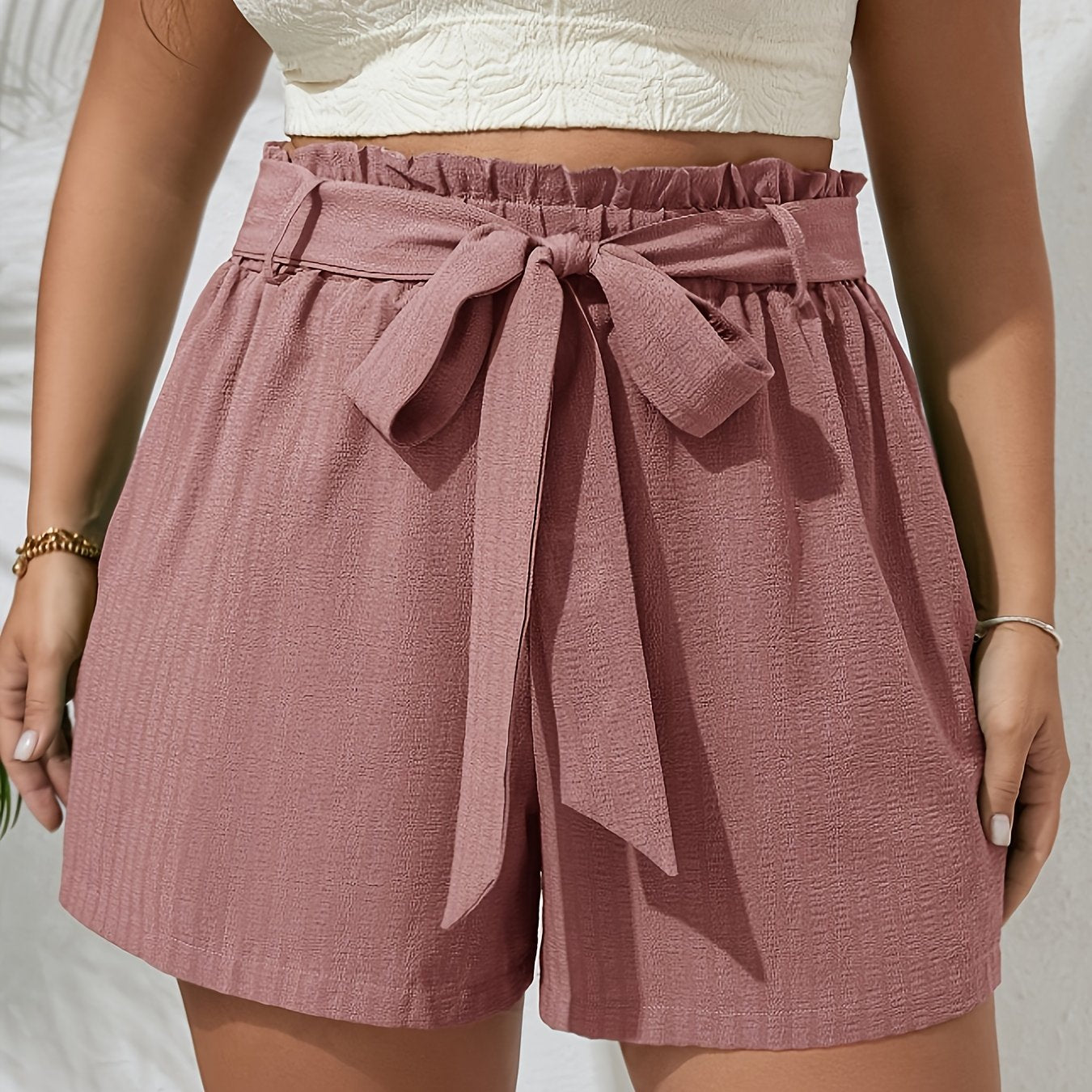 Pantalones cortos casuales de talla grande para mujer con cintura alta y cordón ajustable