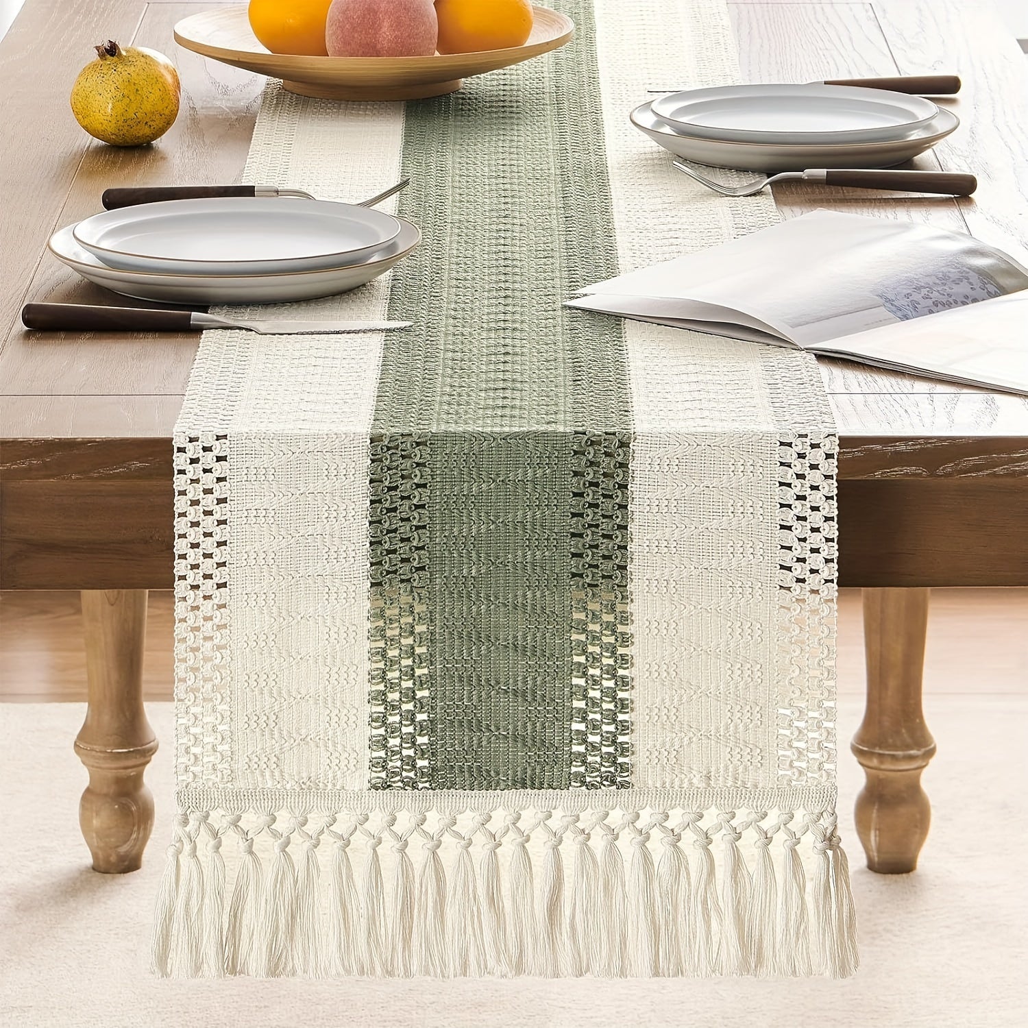 Sage Green Striped Table Runner for Home Decor and Holidays