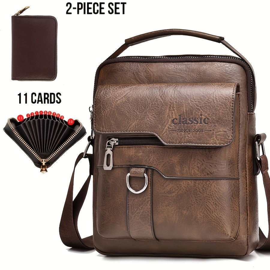 Men's Water-Resistant PU Crossbody Bag with Large Capacity Vintage Vertical Business Casual Style