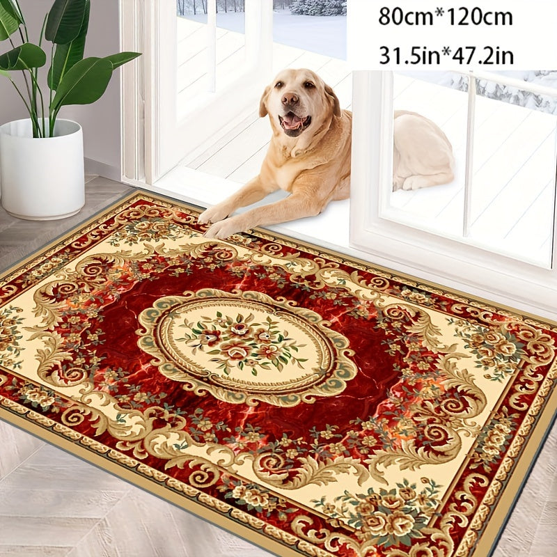 Alfombra vintage roja con estampado floral antideslizante y lavable para dormitorio, sala de estar, cocina, oficina y exterior