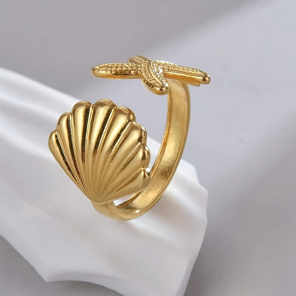 Women's Gold Shell Starfish Adjustable Beach Ring Ocean Style Jewelry