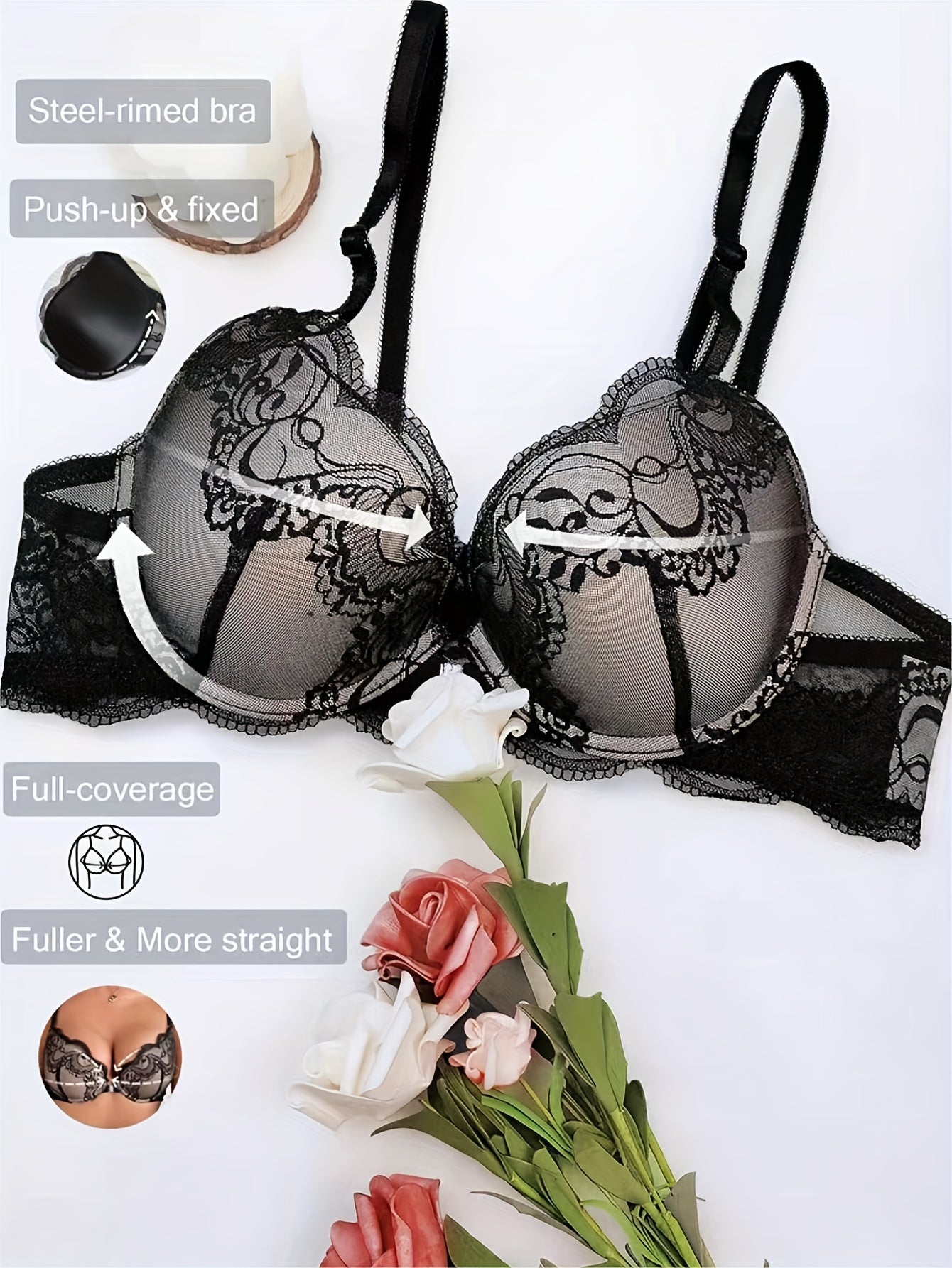 Women's Lace Underwire Push-Up Bra with Breathable Fabric