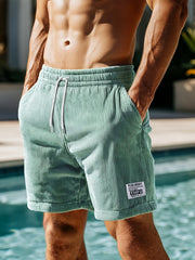 Plus Size Men's Light Green Corduroy Shorts with Drawstring Elastic Waist Pockets