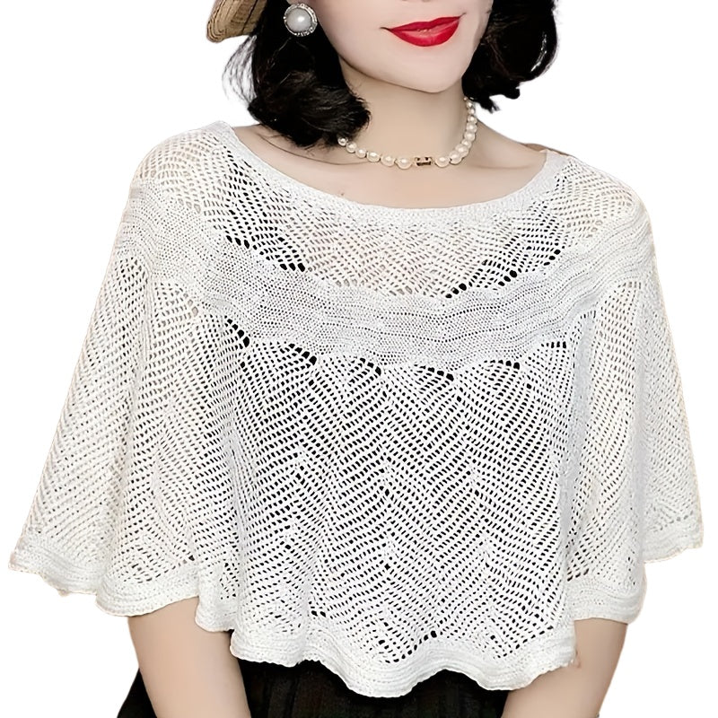 Women's Elegant Pullover Cape with Hollow Knitted Shawl, Loose Fit, Solid Color