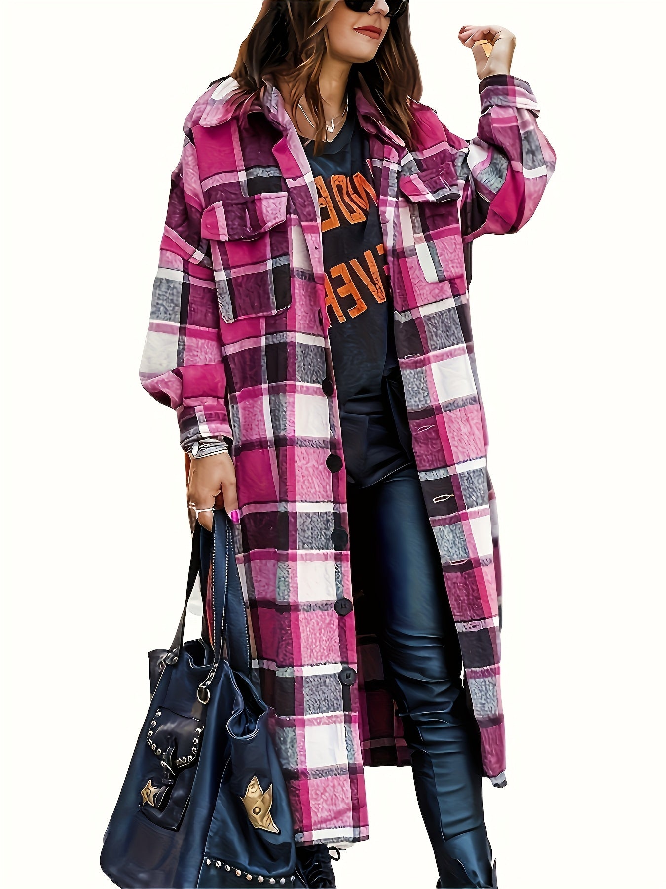 Plus Size Plaid Trench Coat with Side Slits Lapel Collar Fleece Blend Casual Outerwear