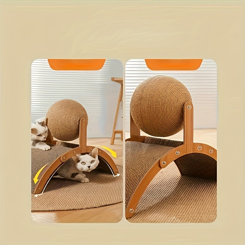 Wooden Cat Scratcher with Sisal Surface and Interactive Ball Toy