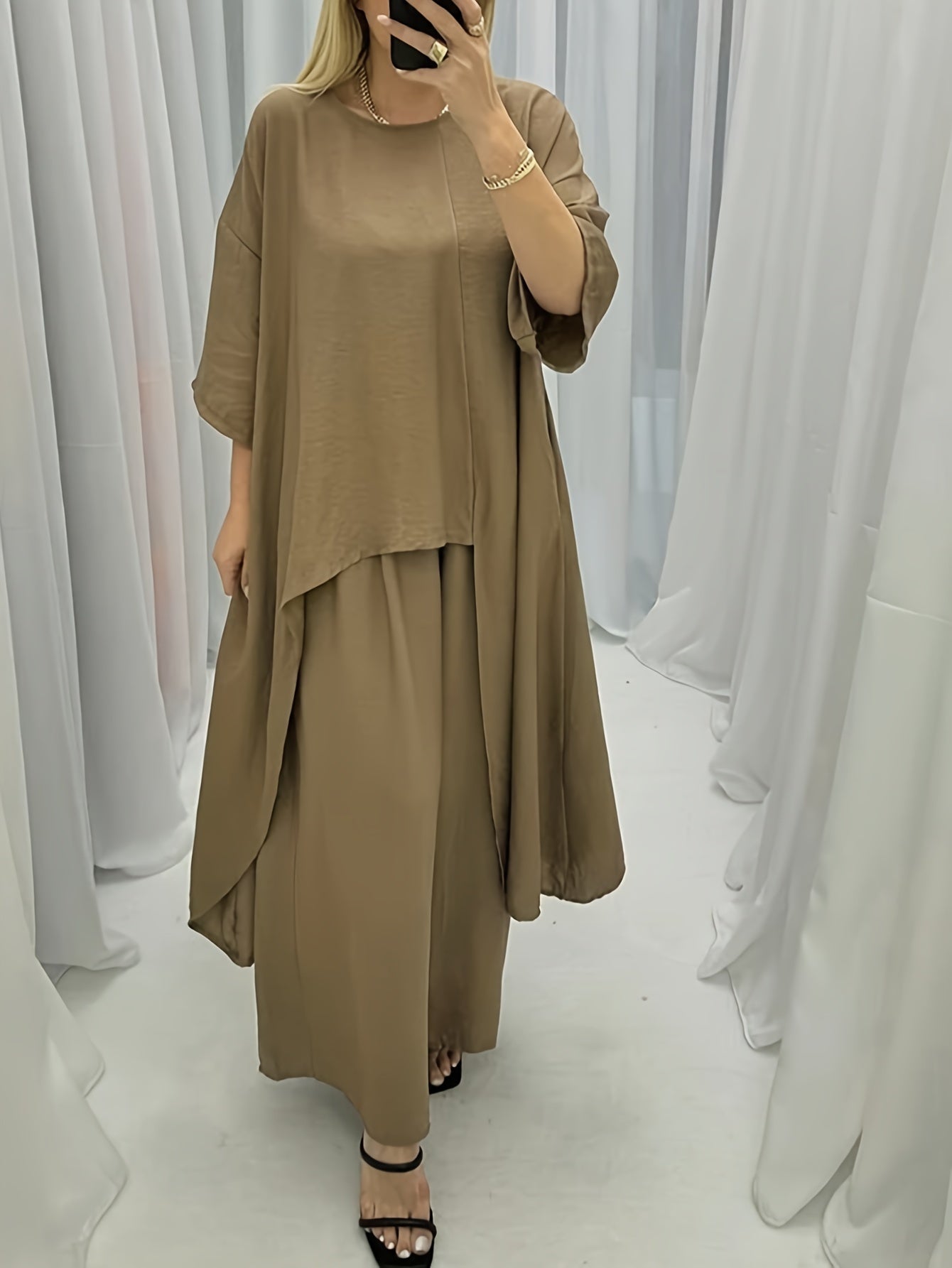 Plus Size Solid Two-Piece Set Women Casual Crew Neck Long Sleeve Top Wide Leg Pants