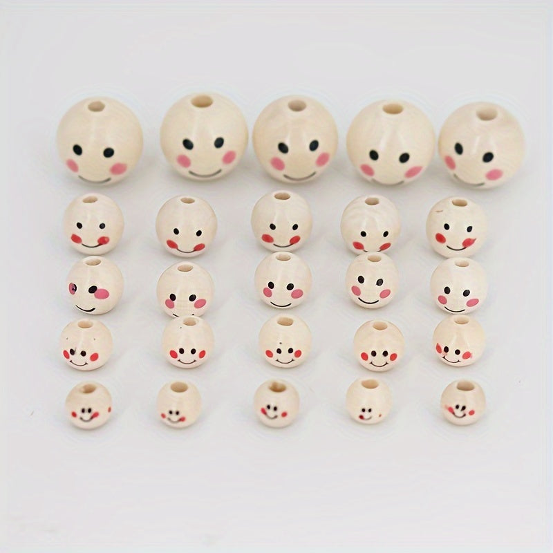 Round Wooden Beads with Happy Face Pattern for DIY Jewelry and Crafts 10mm 12mm 14mm 16mm 25mm Pack of 20 50 or 100