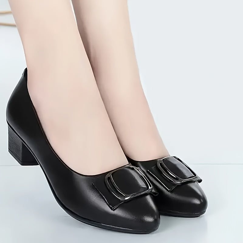 Women's Black Mid Heel Pumps with Block Heel and Plain Toe