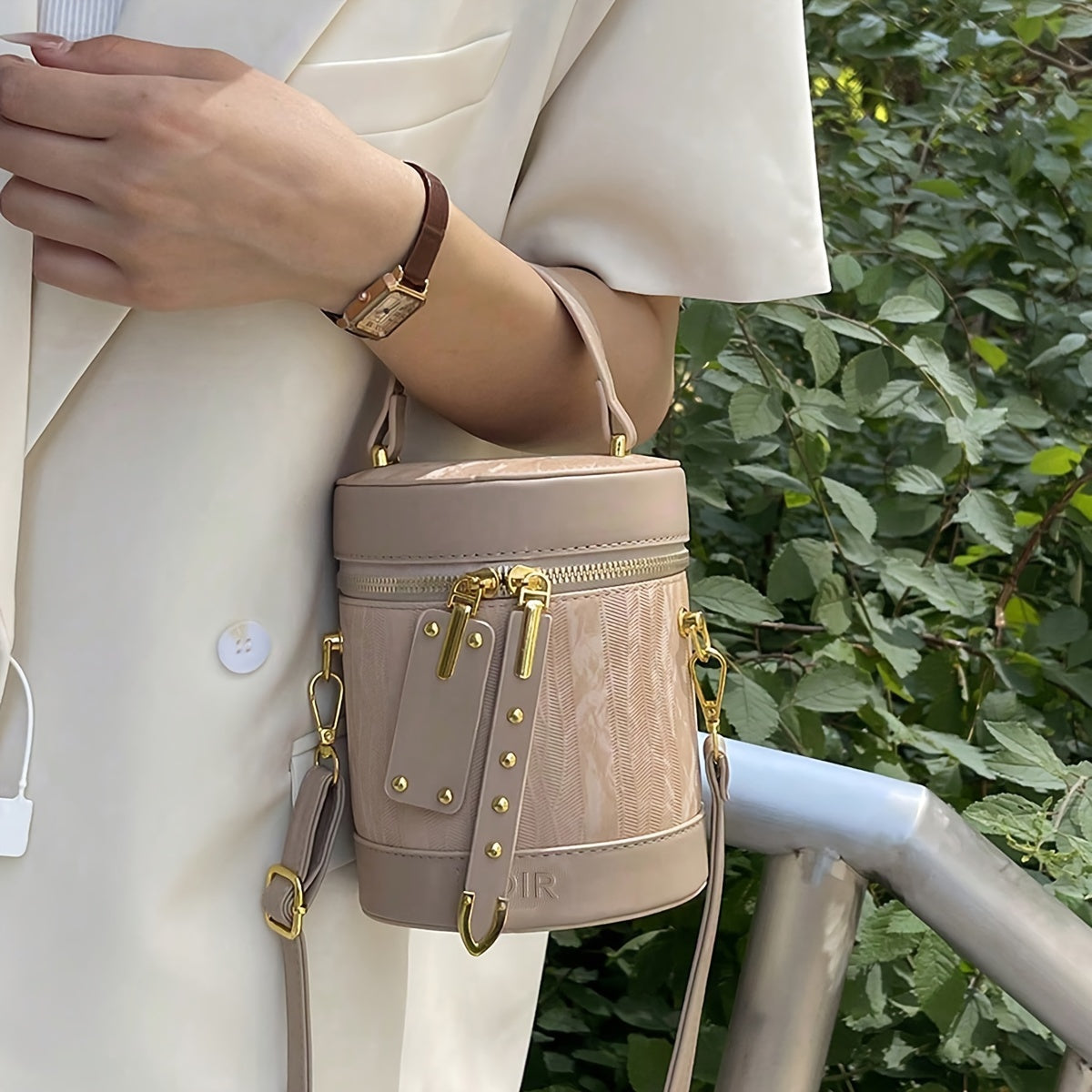 Striped PU Crossbody Bag for Women with Adjustable Strap and Zipper Closure