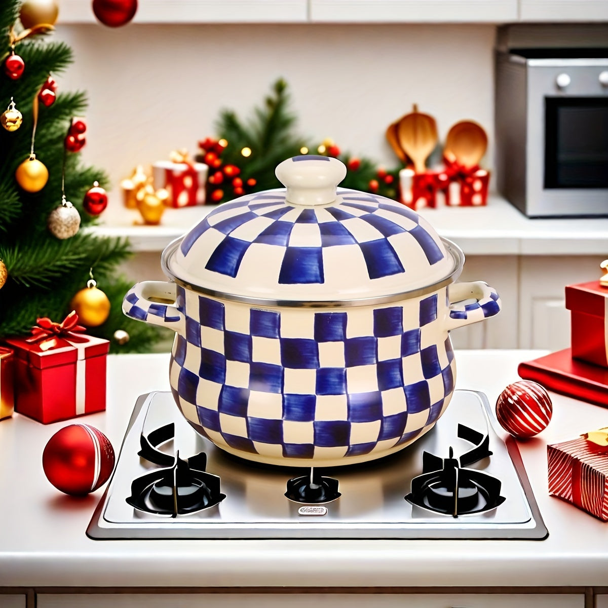 Enamel Saucepan with Lid Blue and White Checker Pattern 8.66-Inch Large Capacity Soup Pot
