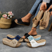 Women's White Floral Platform Wedge Slip-On Sandals for Weddings and Parties