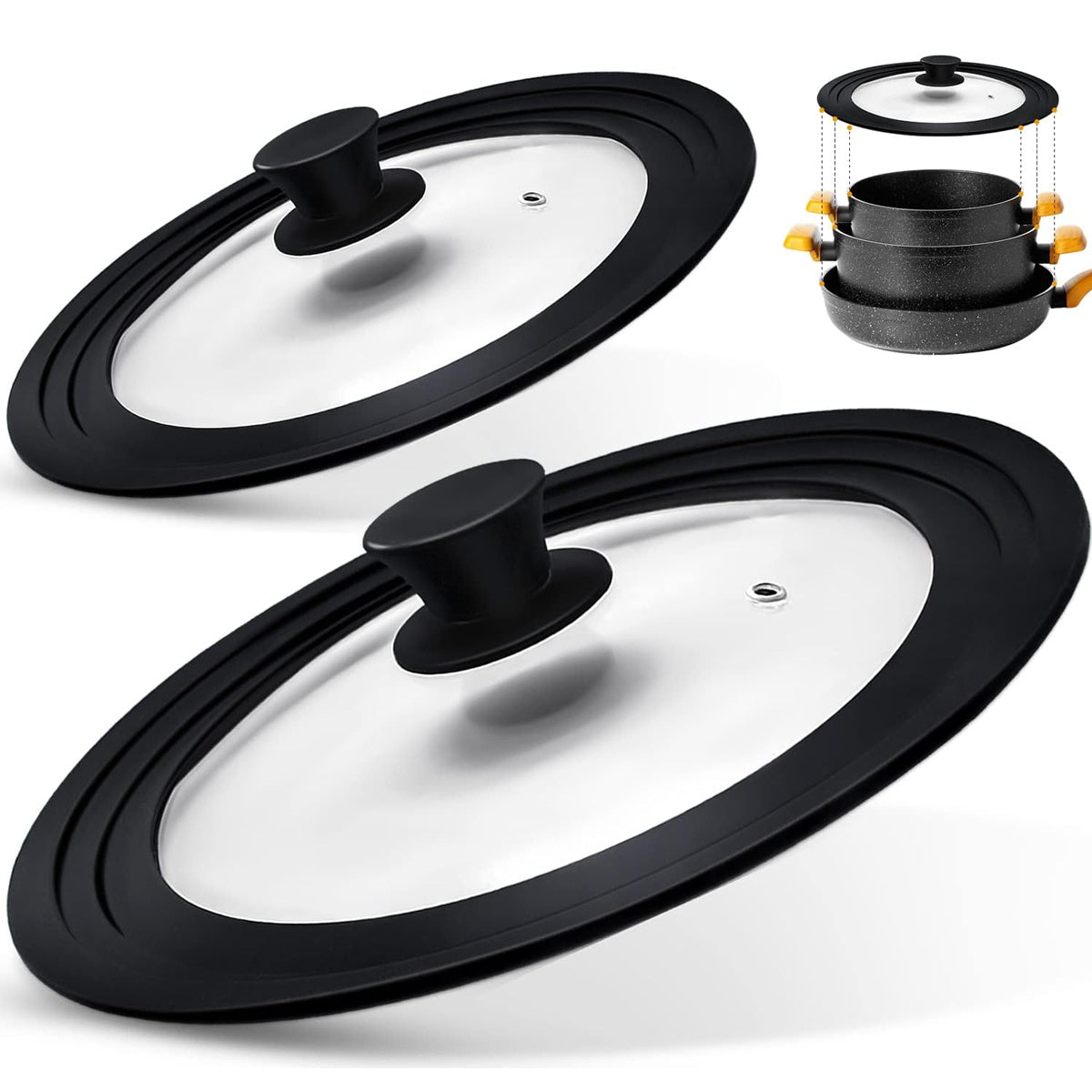 Juego de 2 tapas de silicona negra para utensilios de cocina que encajan en sartenes, ollas y cazuelas de 7 a 13 pulgadas