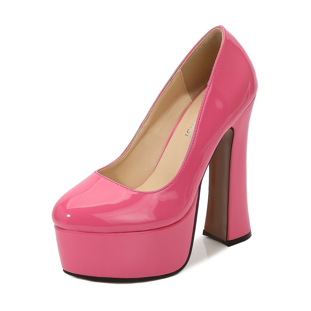Women Patent Leather High Heels Pointed Toe Pumps Chunky Heel