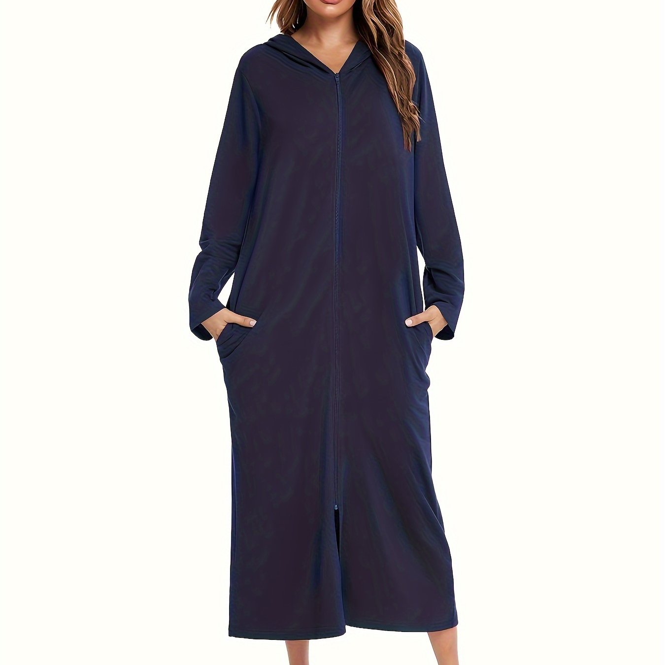 Women's Hooded Zip-Up Lounge Dress Solid Long Sleeve Casual Knit Fabric