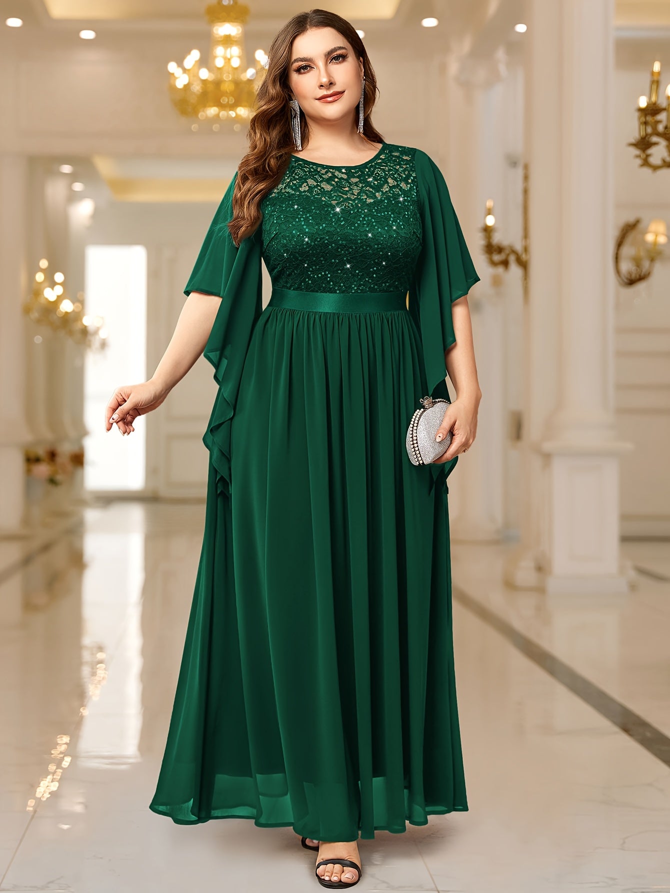 Navy Blue Maxi Dress with Lace Trim and Butterfly Sleeves for Evening Parties