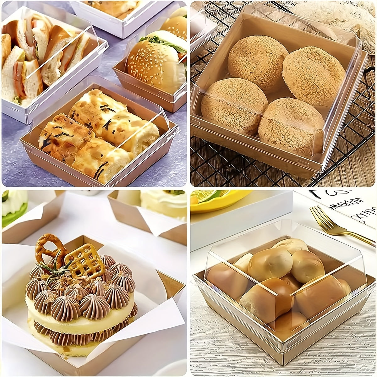 Peshana, sendvich, pechenelar uchun 50 ta shaffof qopqog'li qog'oz charcuterie qutilari