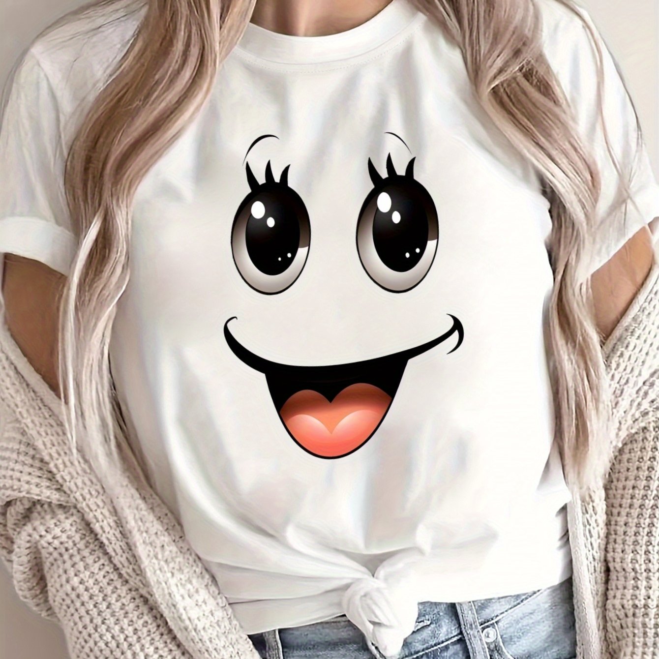 Women's Oversized Graphic T-Shirt Pink Cartoon Face Loose Fit Casual Summer