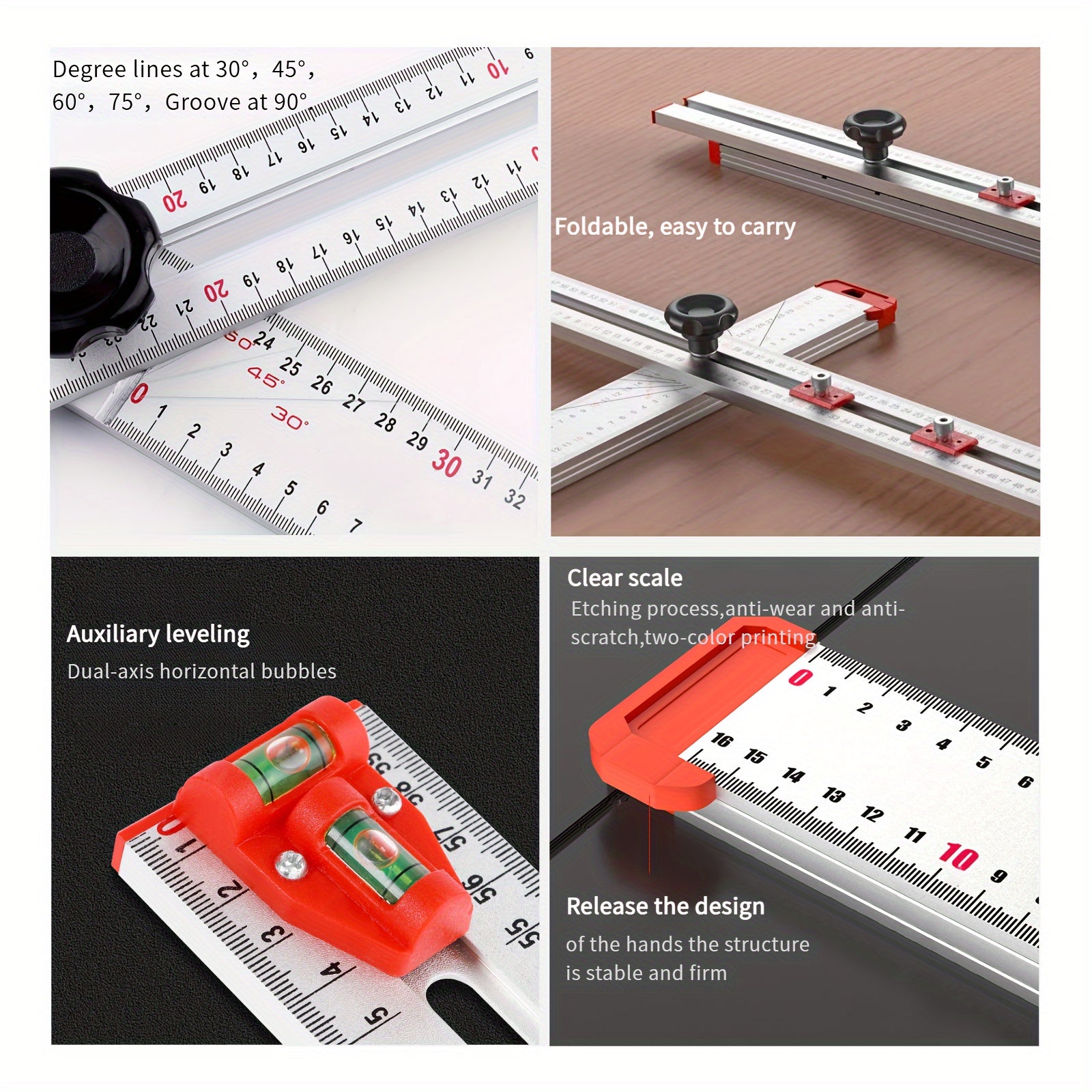 Precision Aluminum Alloy Drilling and Positioning Ruler with Multi-Angle T-Square and Bubble Level