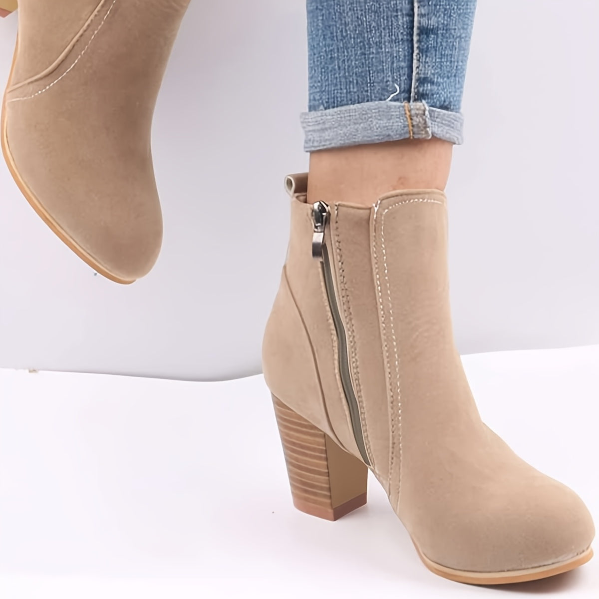 Women's Ankle Boots Fabric Lined Side Zipper Chunky Heel