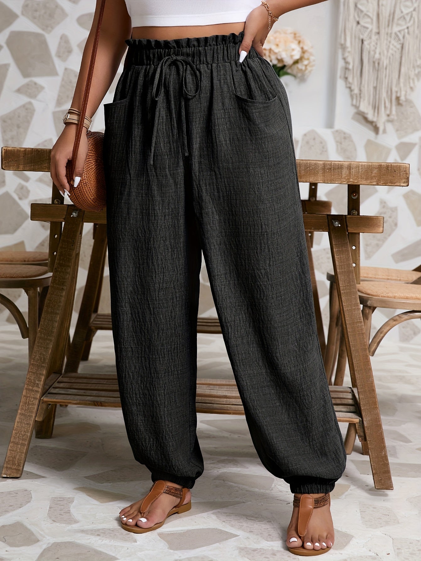 Pantalones casual de talla grande para mujer con cintura elástica y aspecto de arpillera falsa