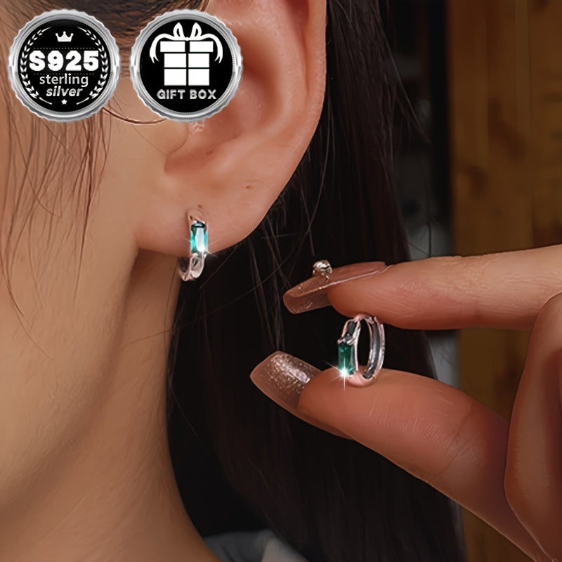 Unisex Sterling Silver Earrings with Green Zirconia Square Inlay
