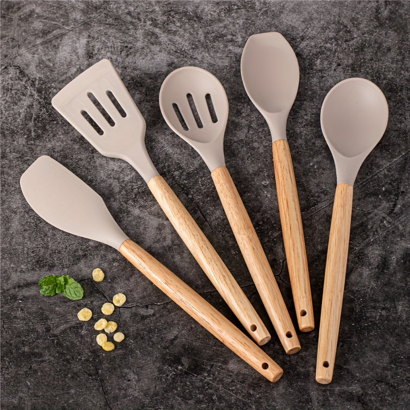 Set of 5 Silicone Kitchen Utensils with Wooden Handles Non-Stick Food-Safe Easy to Clean