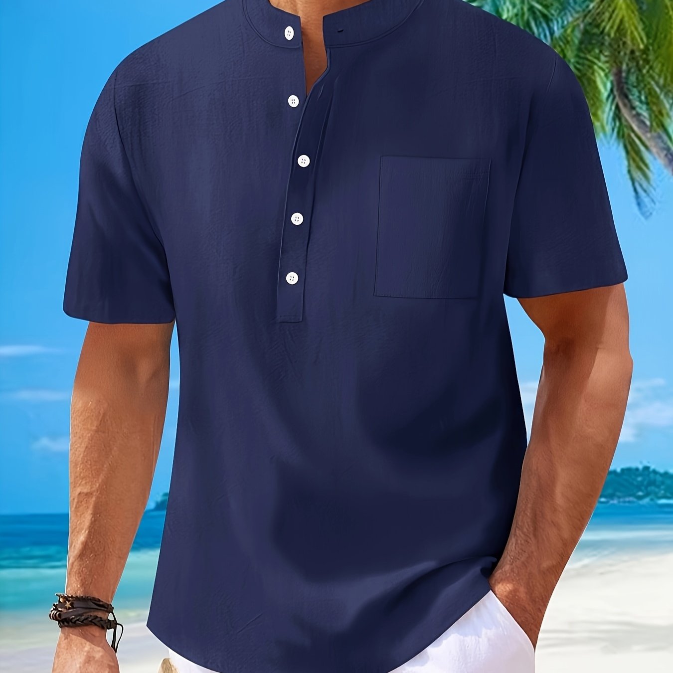 Men's Cotton Linen Henley Shirt with Mandarin Collar Short Sleeve Pocket Casual Spring Vacation