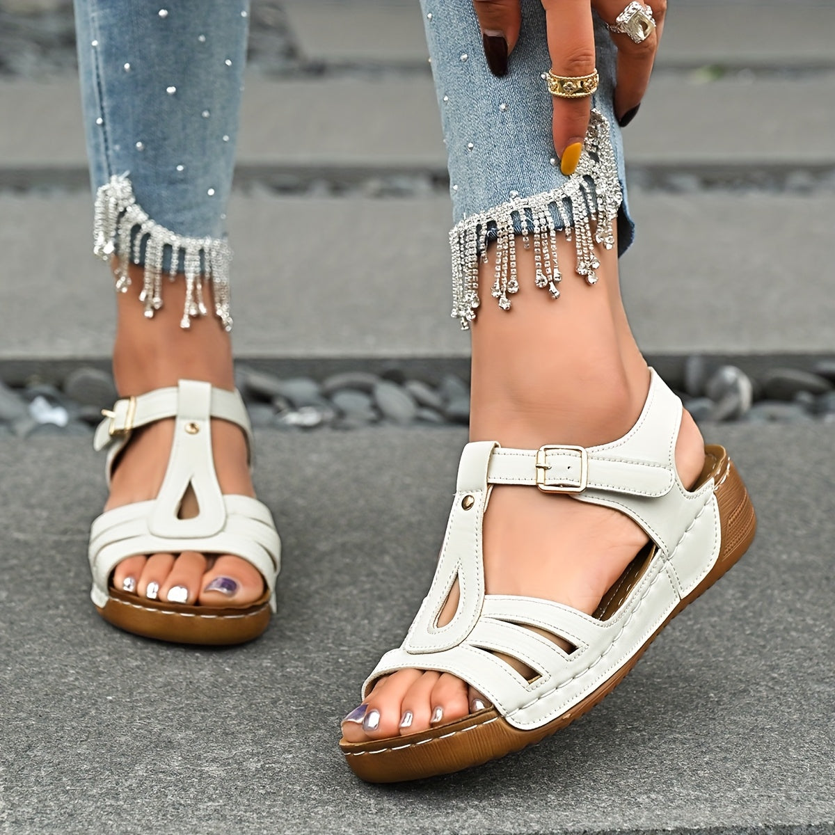 Women's Nude Leather Block Heel Sandals Comfortable Shoes