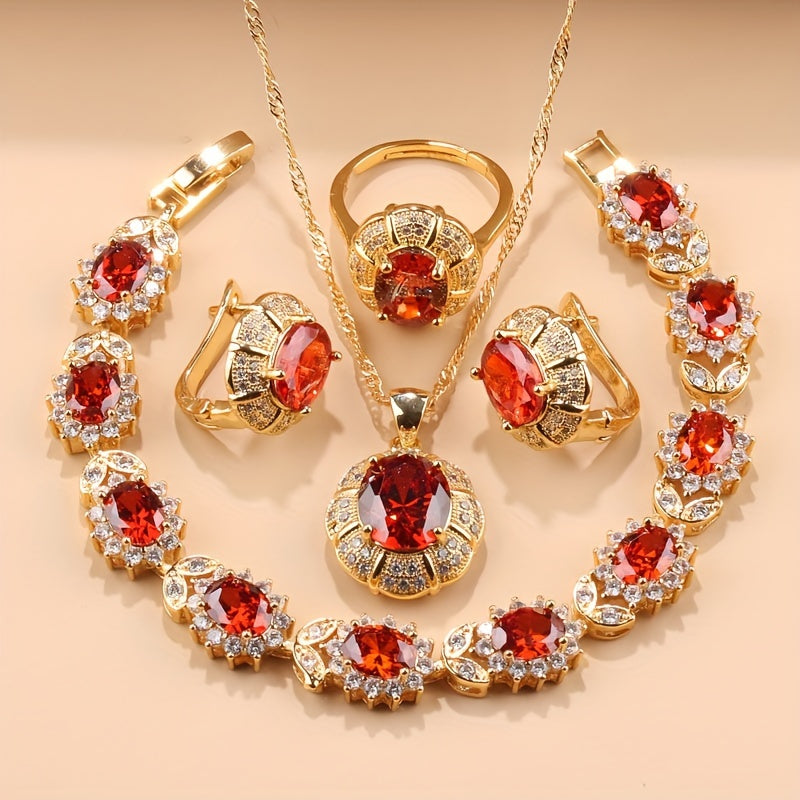 Women's Jewelry Set 5-Piece Cubic Zirconia Necklace Earrings Ring Bracelet for Weddings