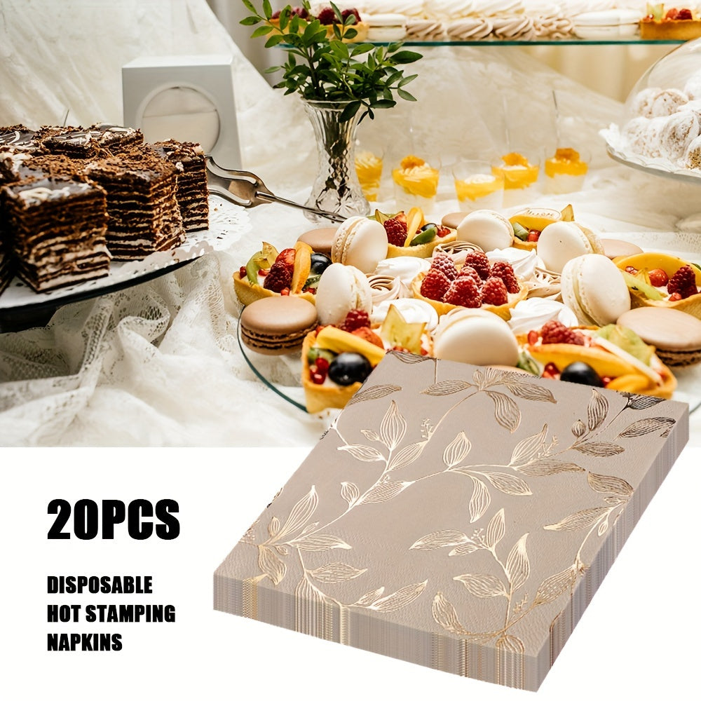 Set of 20 Gold Leaf Pattern Disposable Napkins 33cm Square for Weddings Parties