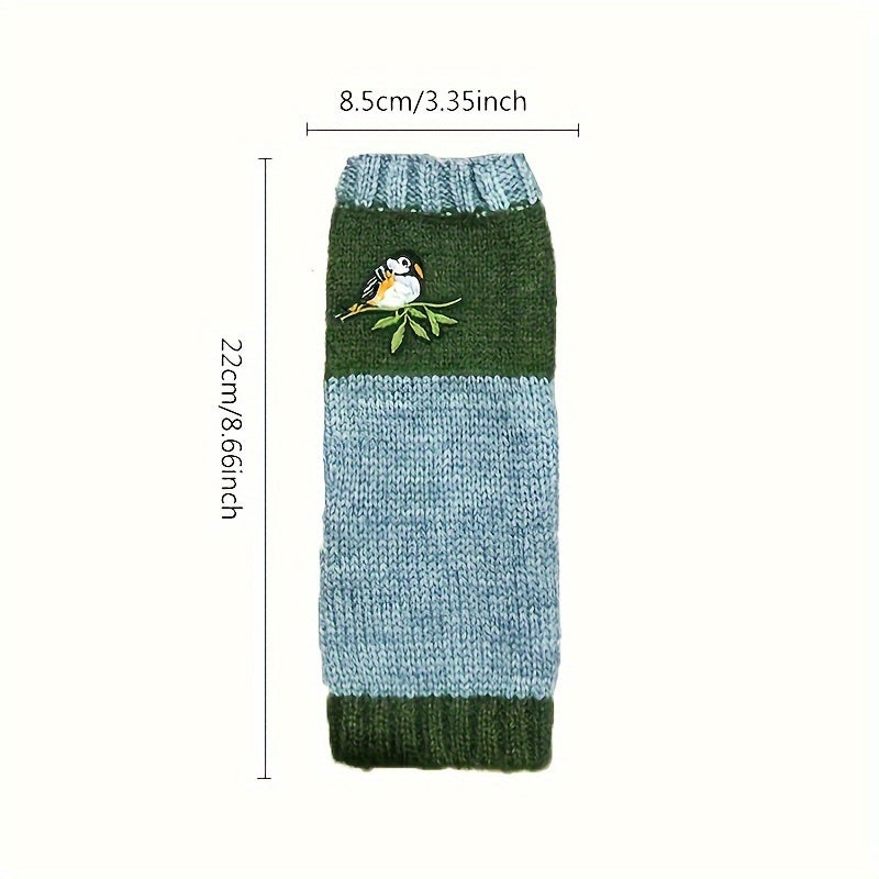 Warm Fingerless Gloves with Double Color Block Design and Hummingbird Embroidery