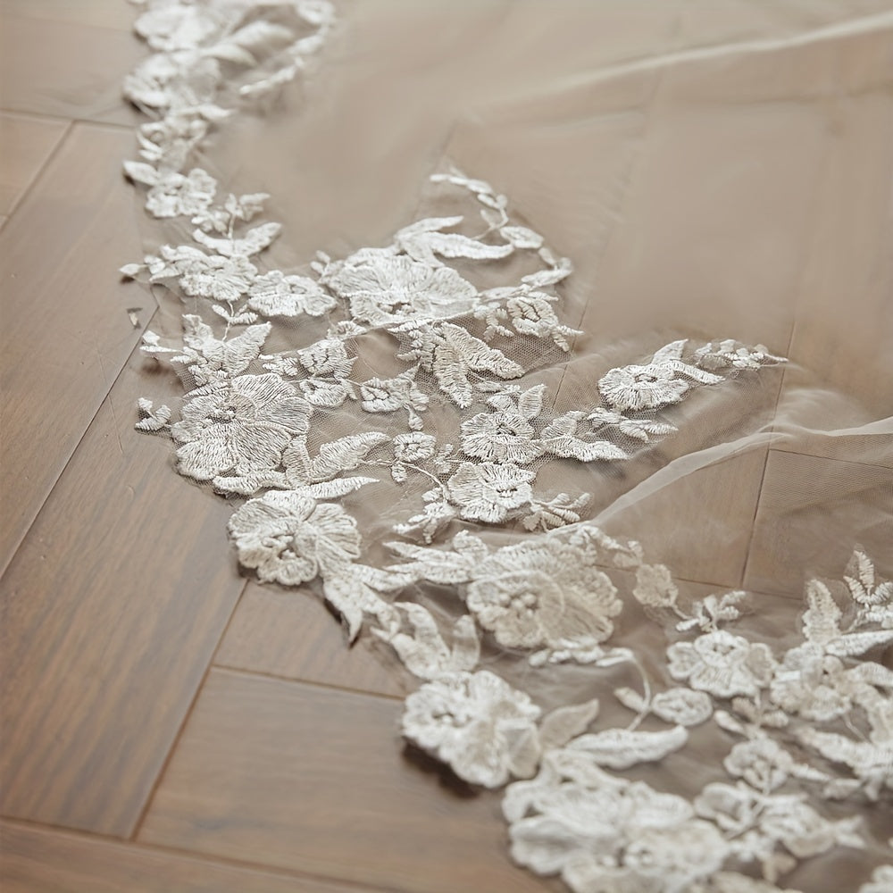 Wedding Veil Floor-Length Cathedral Lace Floral Edge Tulle Bridal Accessory