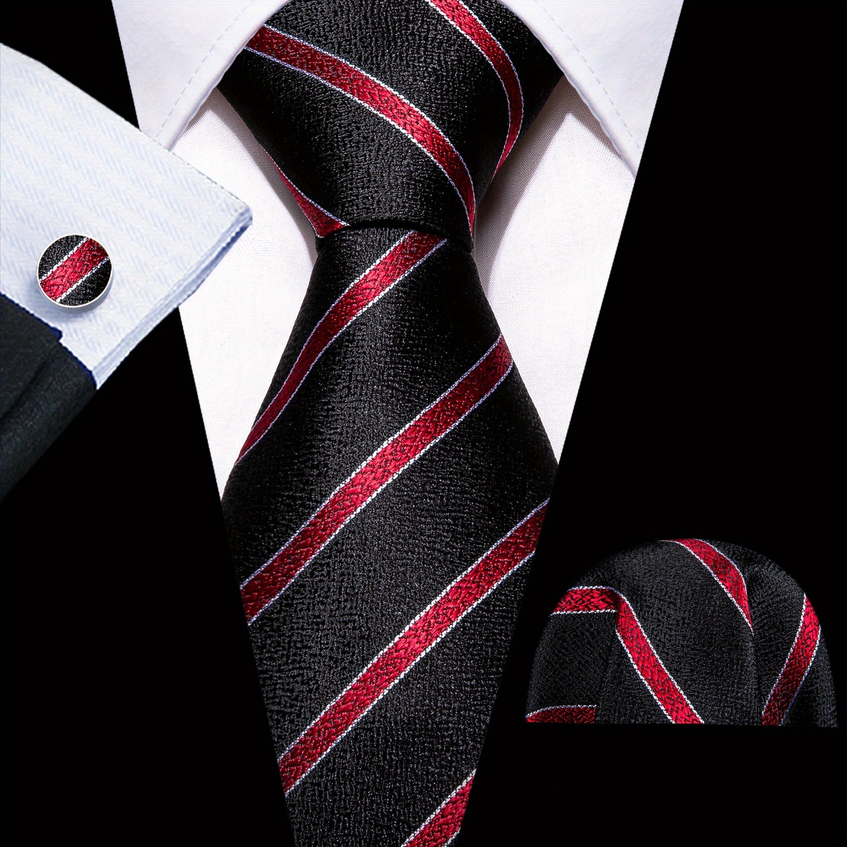 Men's Classic Striped Tie Set with Matching Handkerchief and Cufflinks for Formal and Casual Wear