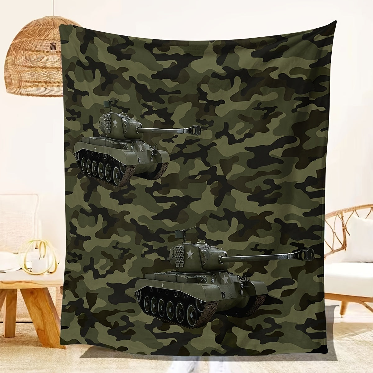Kids Camouflage Throw Blanket Dark Green Digital Print Tank Car Bed Cover for Boys and Girls