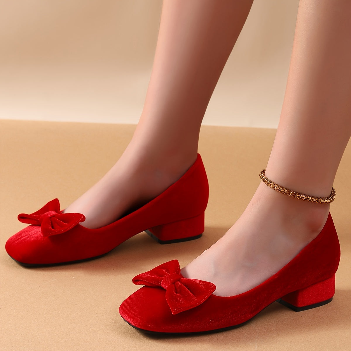 Women's Velvet Bowknot High Heels Square Toe Chunky Heel Office Shoes