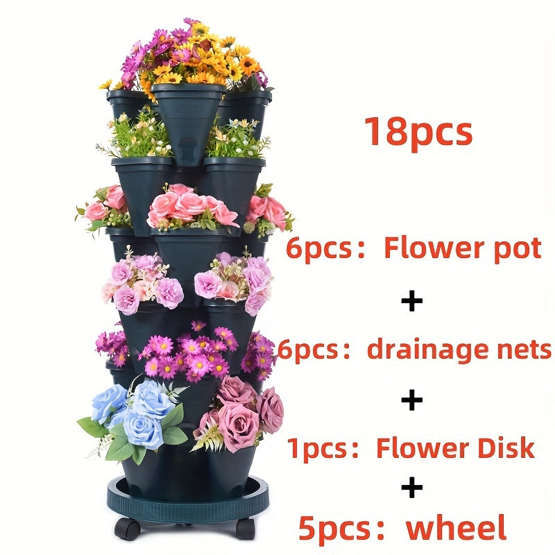 Stackable Plastic Flower Pot Set with Wheels for Indoor Outdoor Gardening for Herbs Vegetables and Flowers
