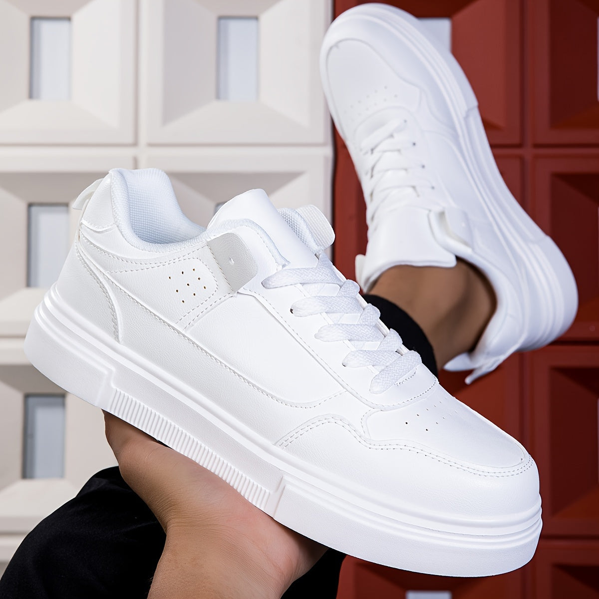 Men's White Casual Sneakers Low Top Lace-Up EVA Sole All-Season Sports Footwear