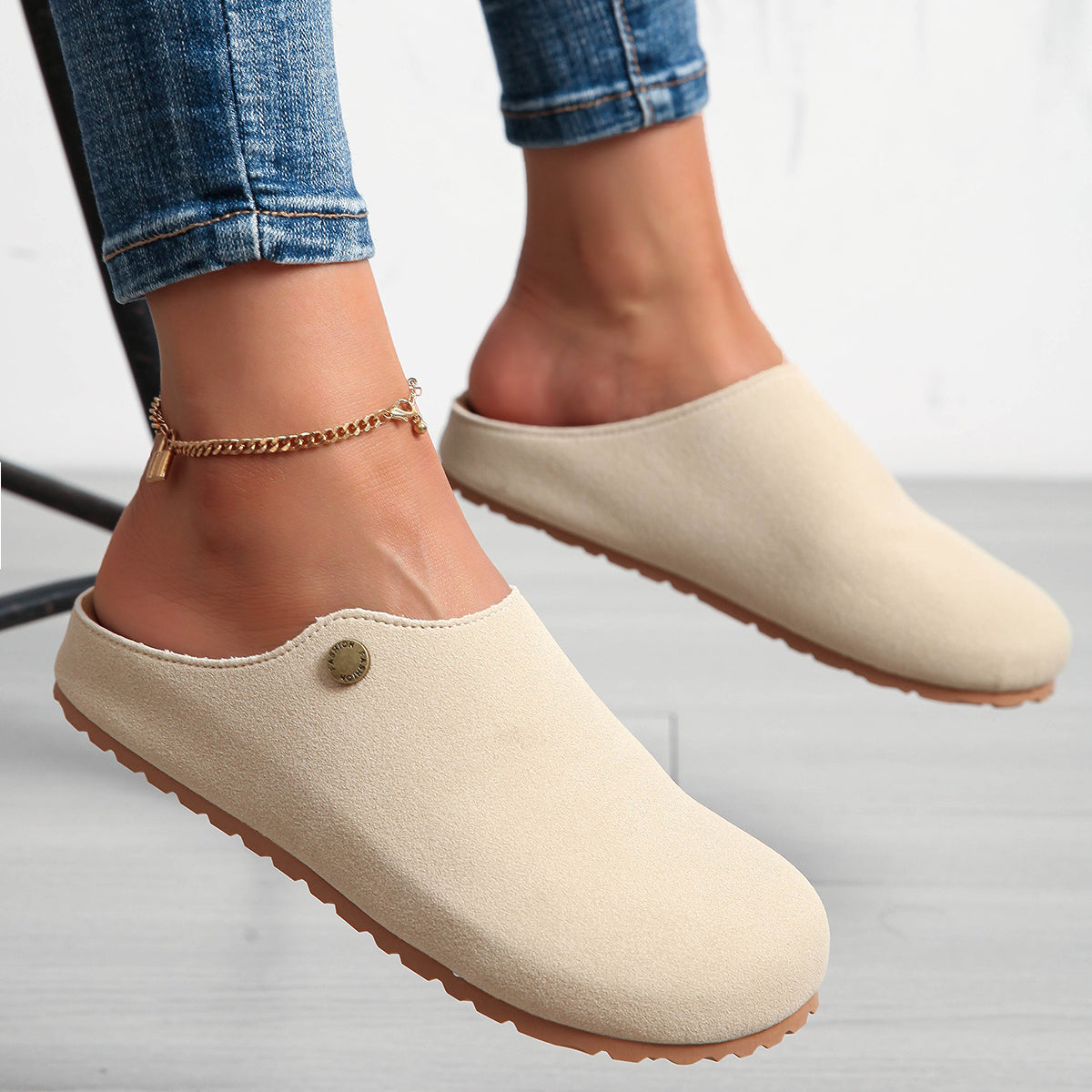 Women's Tan Mules Flat Slip-On Loafers with Ankle Strap