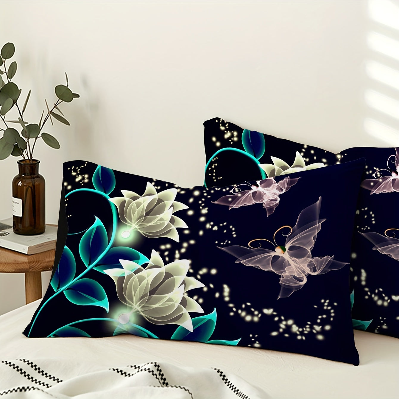 Set of 2 Glow-in-the-Dark Butterfly Fleece Pillowcases Soft Polyester Digital Print Home Decor