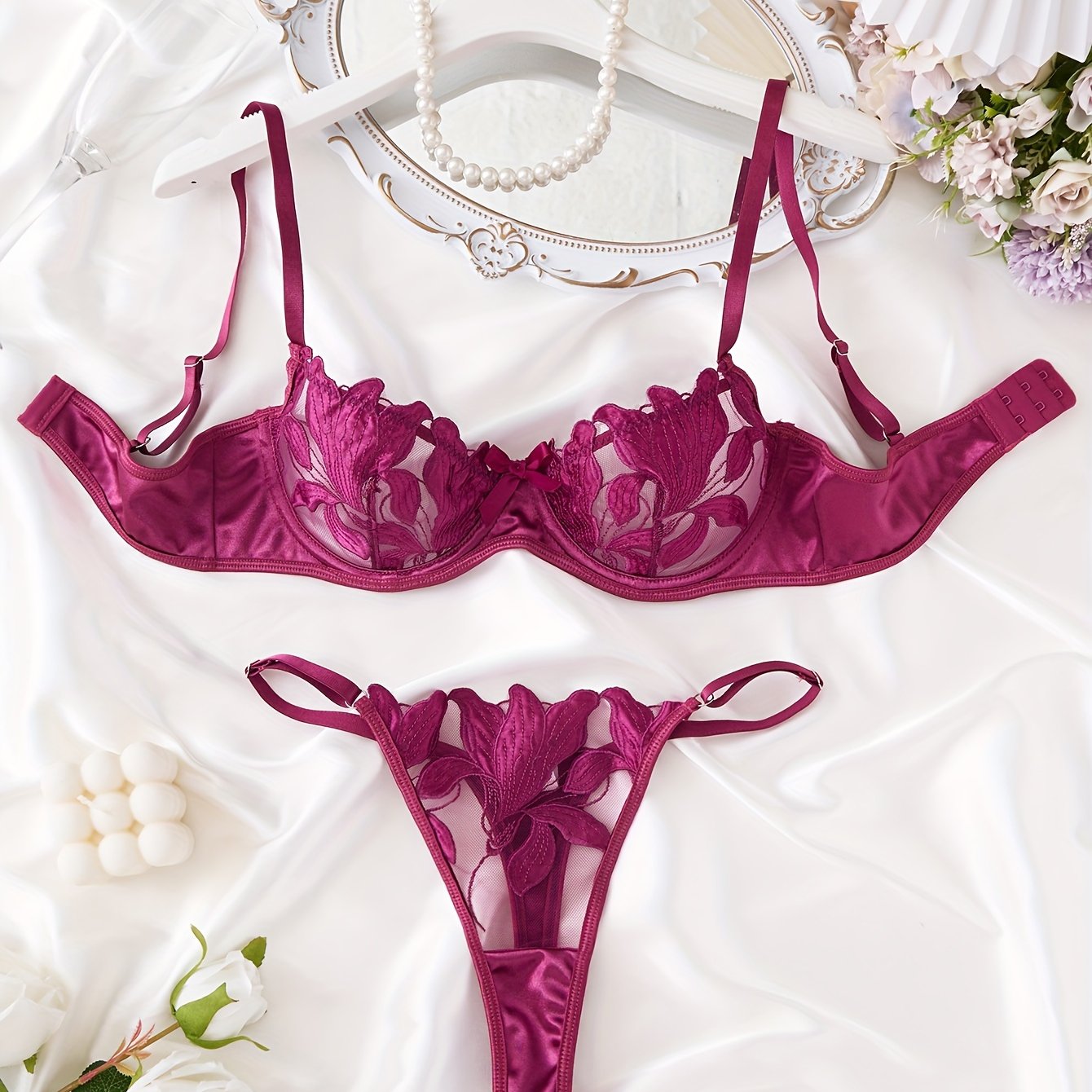 Women's Floral Embroidered Sheer Lingerie Set with Bra and Thong Panty